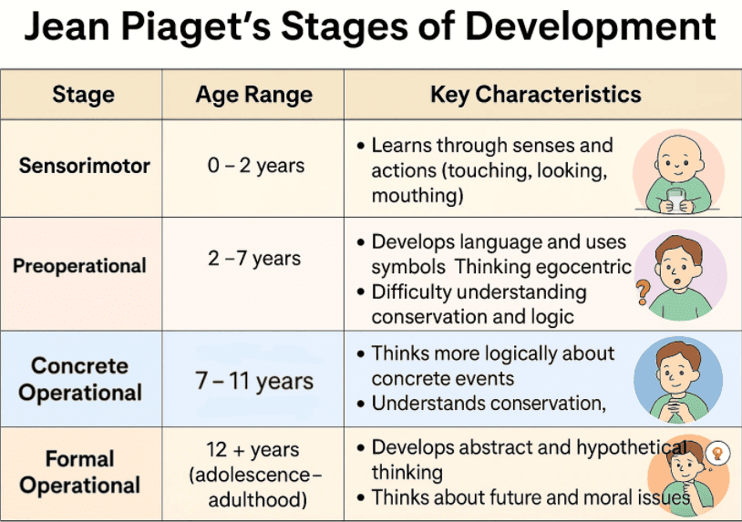 Figure 1.1: Jean Piaget's Stages of Cognitive Development, showing Sensorimotor, Preoperational, Concrete Operational, and Formal Operational stages.