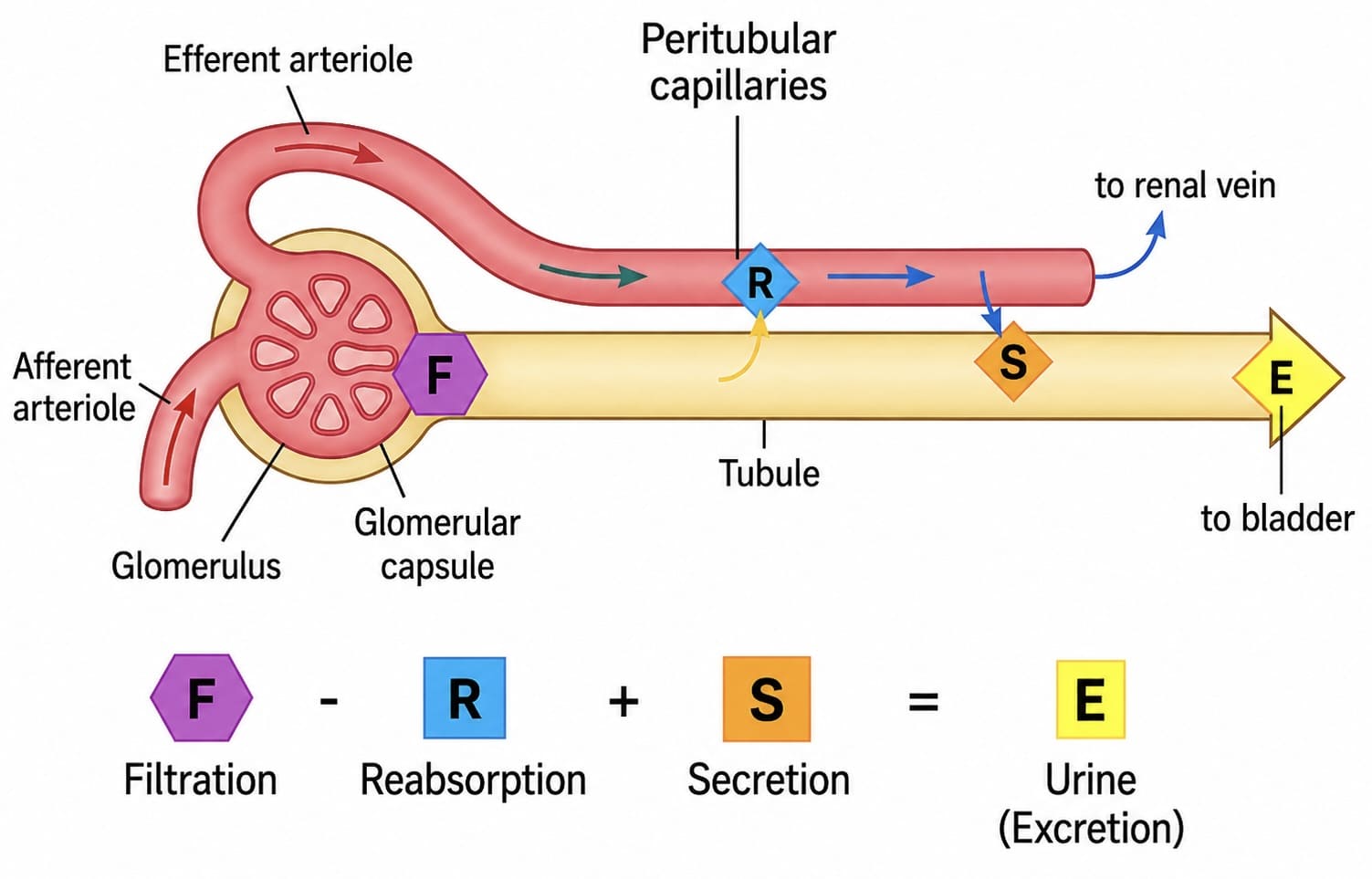 Figure 2: Schematic diagram of the nephron showing the three processes of urine formation: Filtration, Reabsorption, and Secretion
