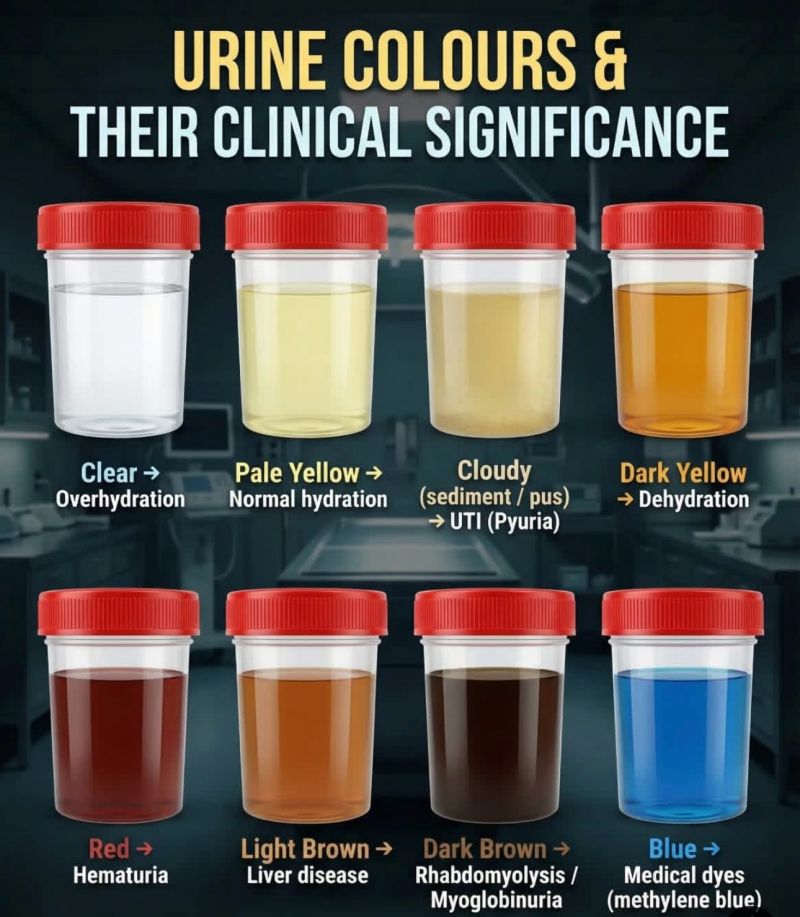 Figure 1: Urine color chart showing normal and abnormal colors (Clear, Pale Straw, Dark Yellow, Amber, Orange, Red, Brown, Green, Milky) with clinical significance