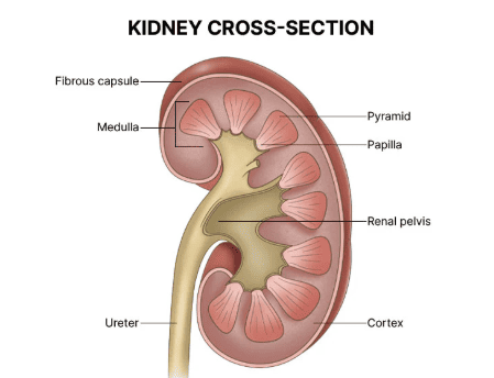 Figure 1: Kidney Cross-Section showing Cortex, Medulla, Pyramids, Papillae, Renal Pelvis, and Ureter