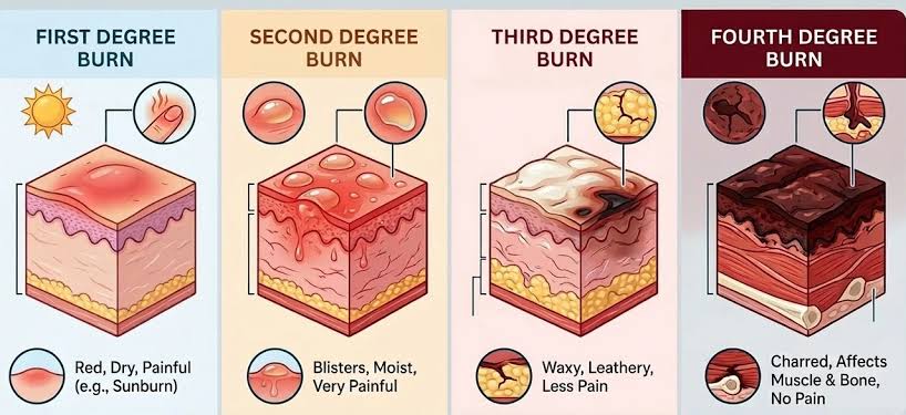 Figure 2: Classification of burn depth by degree showing layers of skin involvement from first to fourth degree.