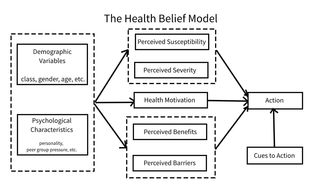 Figure: The Health Belief Model showing the interaction between perceptions, cues to action, and health motivation