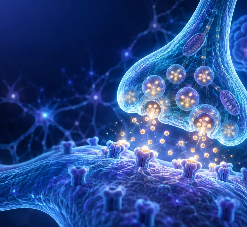 Chemical synapse showing neurotransmitter release and receptors in the central nervous system