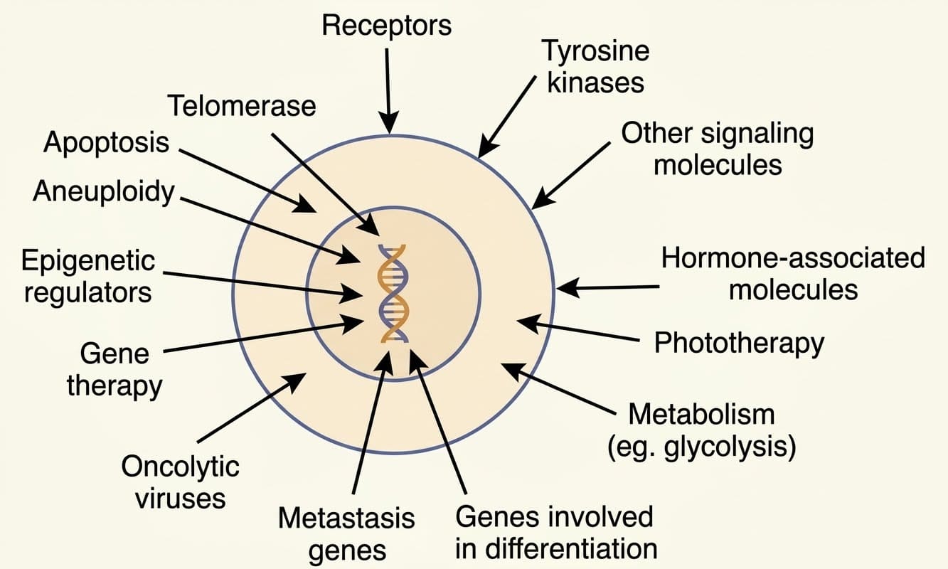 Diagram detailing molecular targets for emerging cancer therapeutic strategies