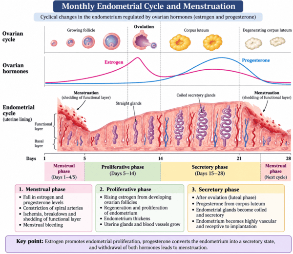 Monthly Endometrial Cycle and Menstruation Diagram
